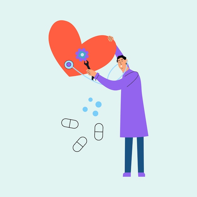 The cardiologist listens to the heart Vector concept illustration in flat style