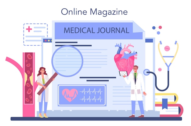 Cardiologist online service or platform Idea of heart care and cardiology diagnostic and circulatory system treatment Online magazine Flat vector illustration