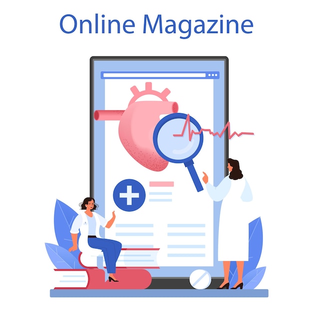 Vector cardiologist online service or platform. idea of heart care and medical diagnostic. doctors treat heart disease. online magazine. flat vector illustration