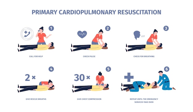 Cardiopulmonary resuscitation cpr reanimation and first aid procedures step by step Health help emergency training Cardiac massage vector concept Illustration of cardiopulmonary reanimation