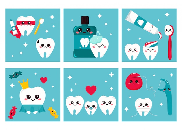 Cards set of dental hygiene for kids. Cute cartoon characters - teeth, toothbrush, toothpaste, dental floss. 