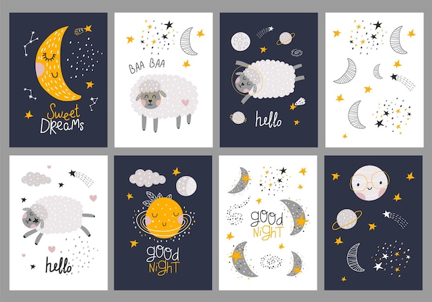 Cards set with sheeps Fabric print Vector illustration