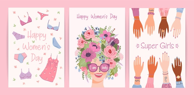 Cards with cute female illustrations Vector set for Happy Womens Day 8 march and other