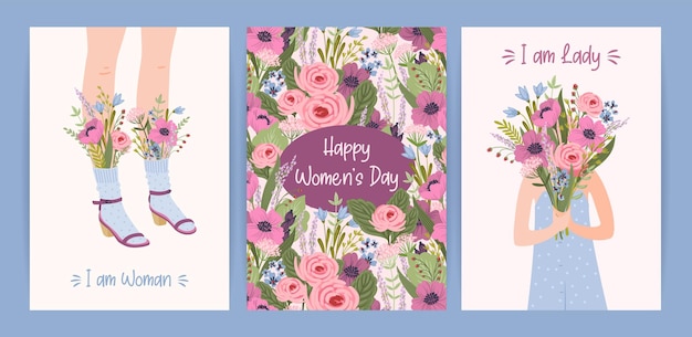 Cards with cute female illustrations Vector set for Happy Womens Day 8 march and other