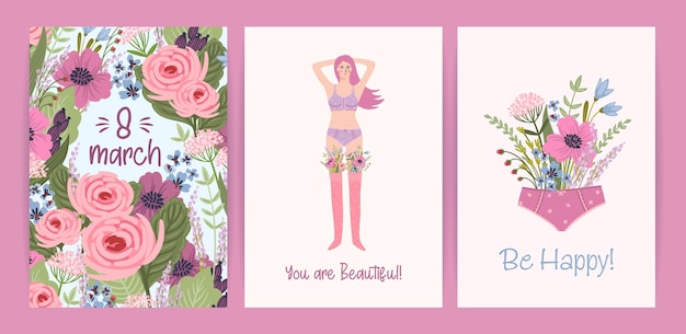 Cards with cute female illustrations Vector set for Happy Womens Day 8 march and other