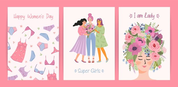 Vector cards with cute female illustrations vector set for happy womens day 8 march and other