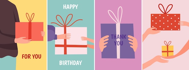 Cards with gift Hands holding present boxes thank you happy birthday vector banners