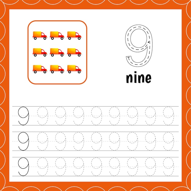 Cards with numbers for children Trace For kids Number nine Count cars Educational maths worksheets