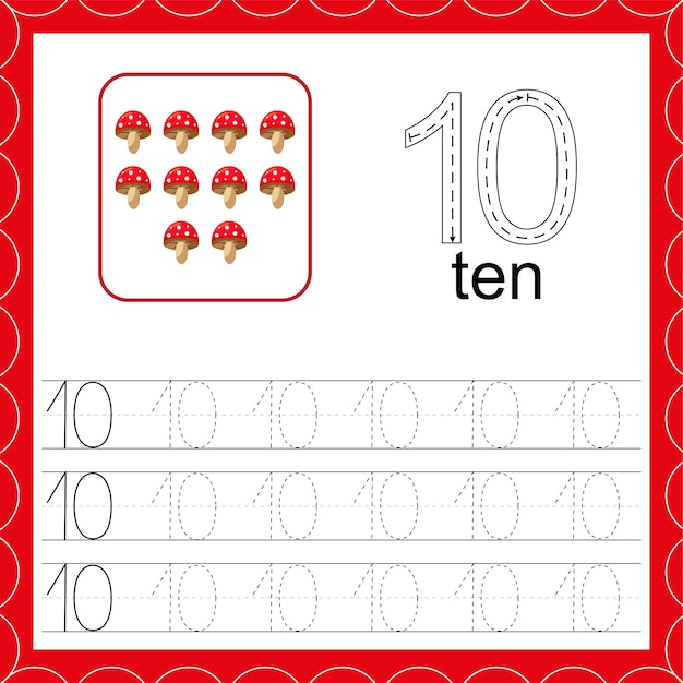 Vector cards with numbers for children trace the line count and write number ten count mushroom game