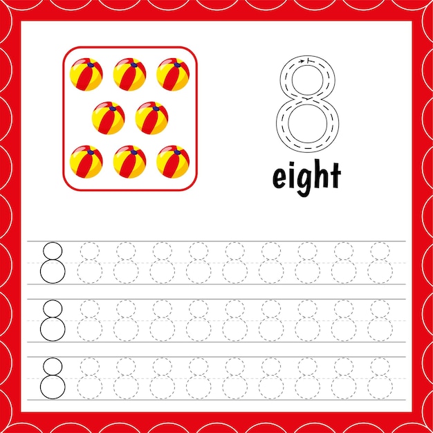 Cards with numbers for children Trace the line For kids learning Count andwrite Number eight Count balls