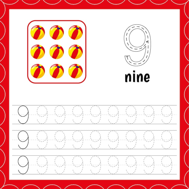 Cards with numbers for children Trace the line For kids learning Count andwrite Number nine Count balls