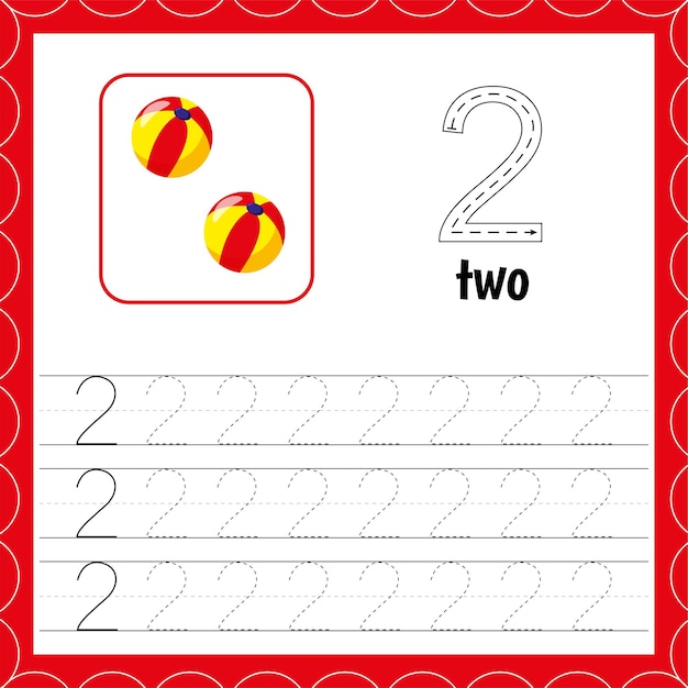 Cards with numbers for children Trace the line For kids learning Count andwrite Number twoCount balls