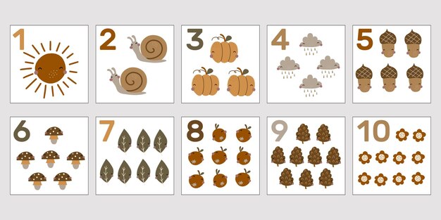 Vector cards with numbers for preschool education in the autumn theme which can be printed english math for kids 1 to 10 flash cards in boho style