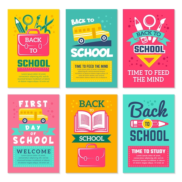 Cards with schools symbols. Back to school cards template isolate.