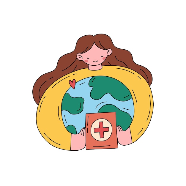 Care about the planet girl hug the earth world humanitarian day hand drawn flat illustration