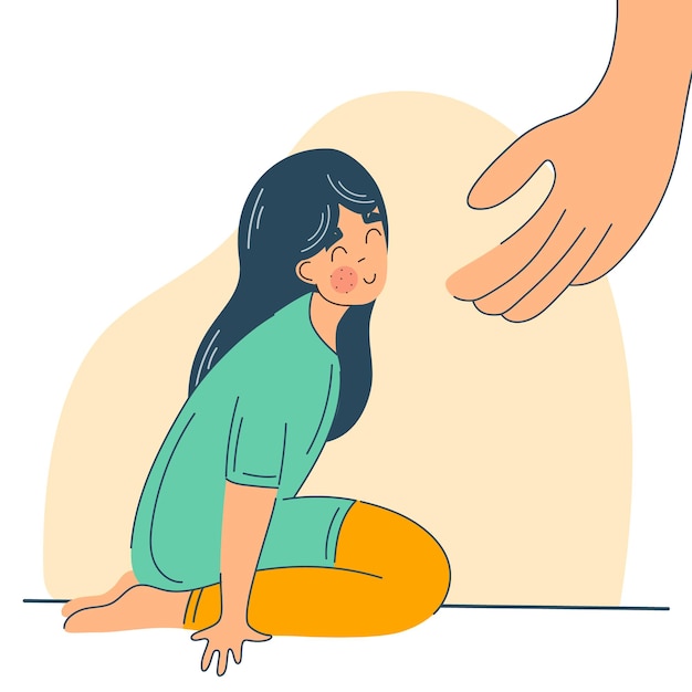 Care compassion protection and support concept Helping hand to girl vector isolated flat character on white background Help to others caring for others support