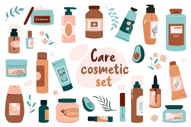 Care cosmetics isolated elements set in flat design Bundle of various organic creams or lotions in different tubes and jars natural shampoo sprays and other skincare products Vector illustration