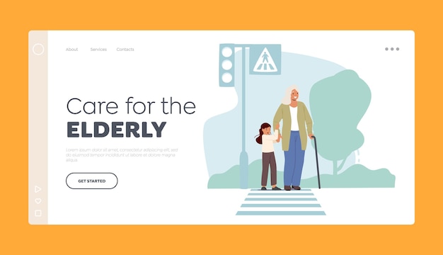 Care of Elderly Landing Page Template Little Child Lead Old Lady over Crossroad with Zebra and Traffic Lights