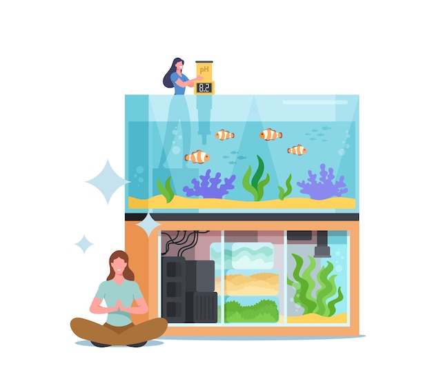 Vector care of fish pets, aquaristics hobby concept. female character measure water temperature in aquarium with various decor, seaweeds on bottom. people with home aquarium. cartoon vector illustration