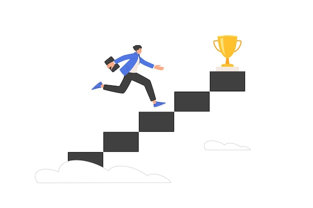 Career growth concept. Goal striving metaphor. A businessman climbs the steps of the stairs to the cup. Strategy of success in business. Move one level up. Vector illustration isolated