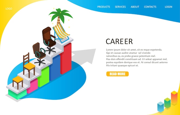 Career growth landing page website template Vector isometric illustration of career ladder with different kinds of chairs from stool to deck chair and palm tree on top