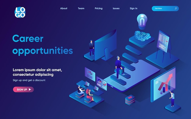 Career opportunities concept 3d isometric web landing page People working employee climbs career