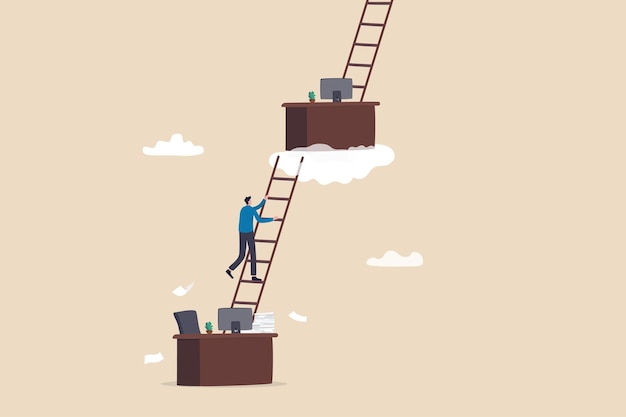 Career path or job promote occupation or ladder of success growth step or progress to achieve goal challenge and ambition concept businessman climb up ladder from his working desk to higher level