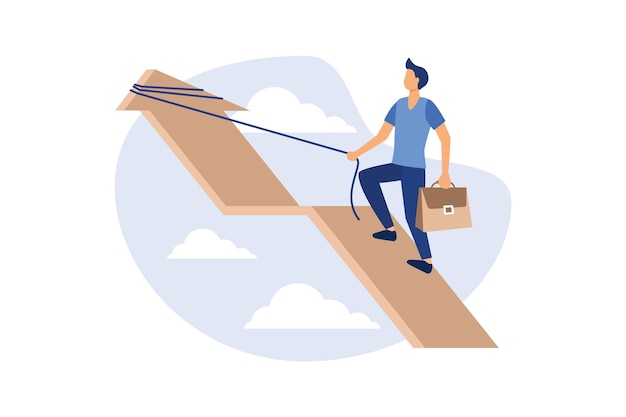 Vector career rise to success flat color icons businessman fussing over the rope flies up an arrow vector