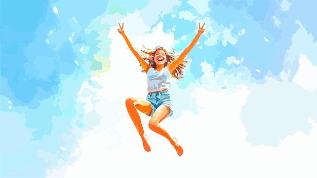 Vector carefree girl jumping in midair with joyful expression