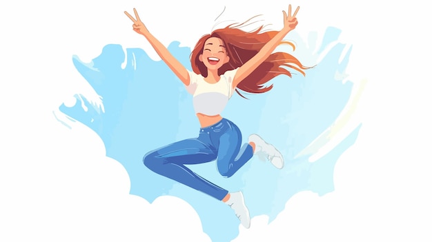 Carefree Girl Jumping in MidAir with Peace Sign Gesture