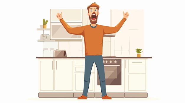 Vector carefree man screaming in kitchen emotional expressions of joy and freedom