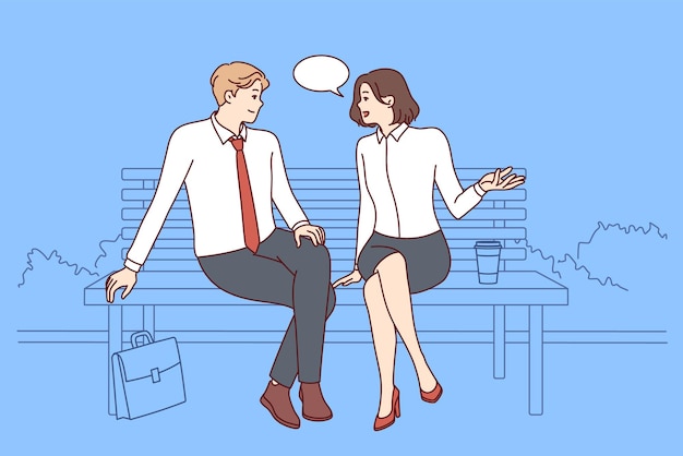 Carefree man and woman sitting on park bench and talking telling stories from work Vector image