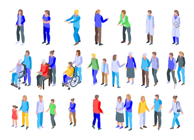 Caregiver icons set, isometric style