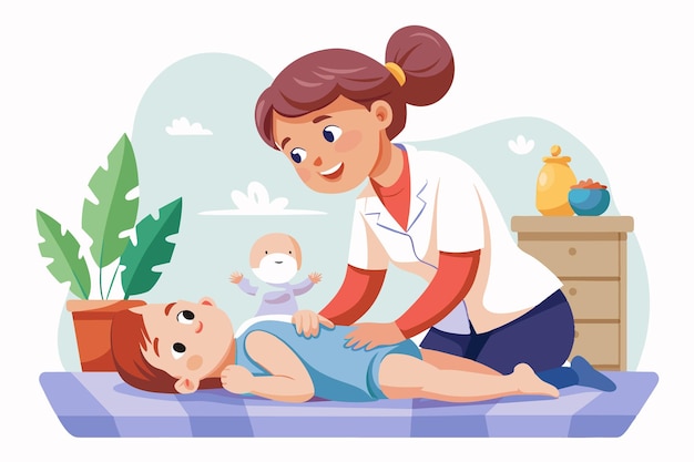 A caregiver smiles while giving a soothing massage to a child lying on a comfortable surface A baby peekaboos in the background adding a playful atmosphere