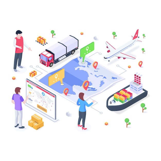 Cargo delivery services isometric illustration of supply chain