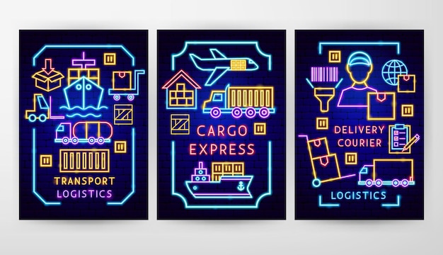 Cargo Neon Flyer Concepts Vector Illustration of Logistics Promotion