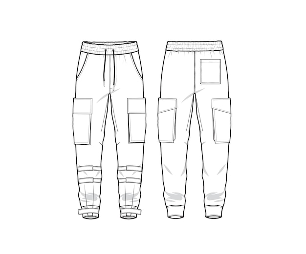 Cargo Pant fashion flat sketch template, cargo pant, front and back Premium Vector