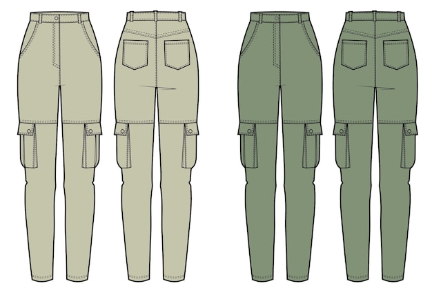 Cargo pants fashion flat technical drawing template