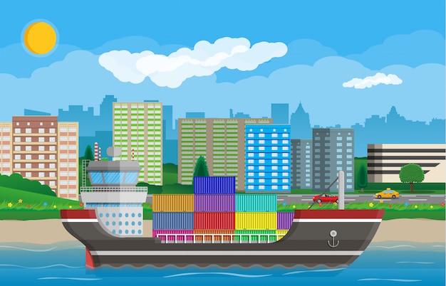 Cargo ship, containers, cityscape. Port logistics