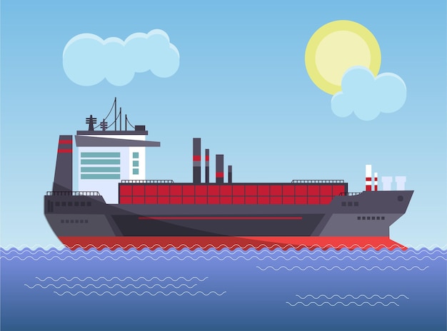 Cargo ship with a cargo into the sea Vector illustration