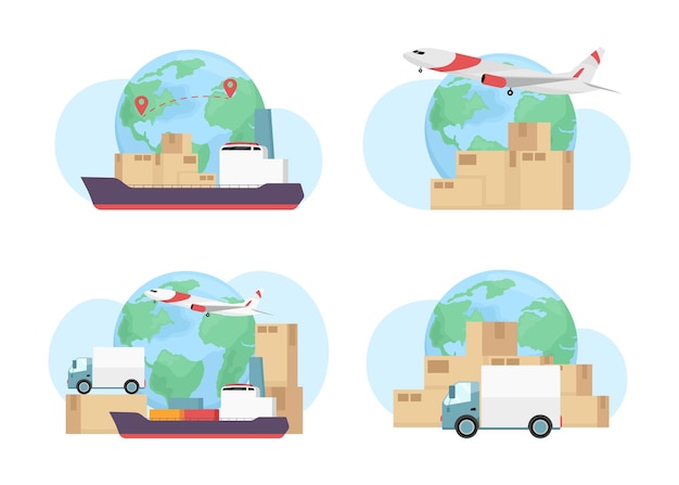 Cargo shipping modes around world flat concept vector illustration set