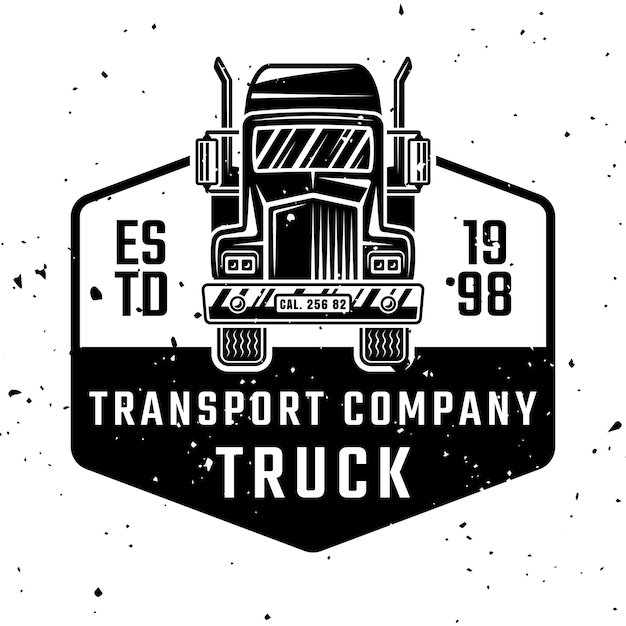 Cargo transport company vector monochrome emblem badge label or logo with truck isolated on white background with removable textures