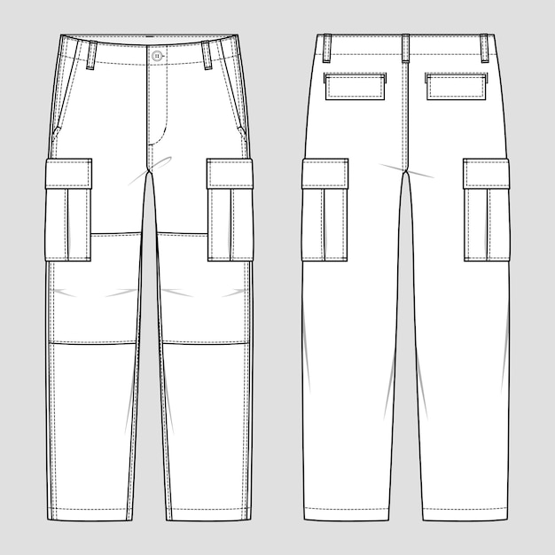 Cargo trousers. Men's casual wear. Vector technical sketch. Mockup template.