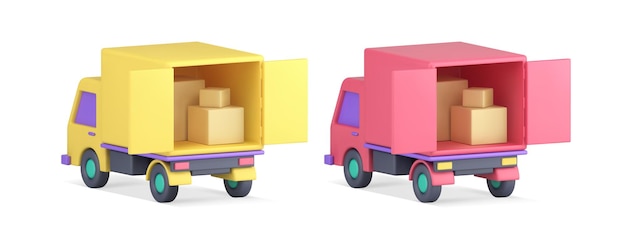 Vector cargo van cardboard box courier delivery company truck with open door 3d icon set realistic vector