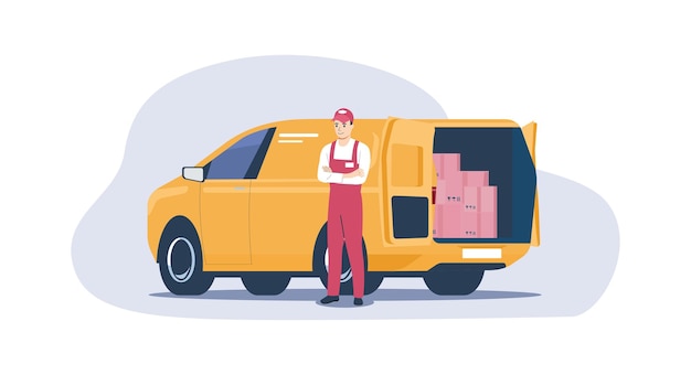 Cargo van with delivery man standing next to it Vector illustration