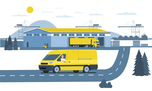 Cargo van with driver and preport warehouse Vector illustration