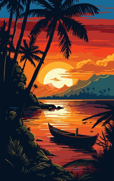 Caribbean landscape at sunset vector illustration