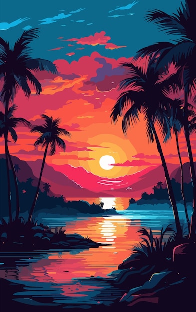 Caribbean landscape at sunset vector illustration