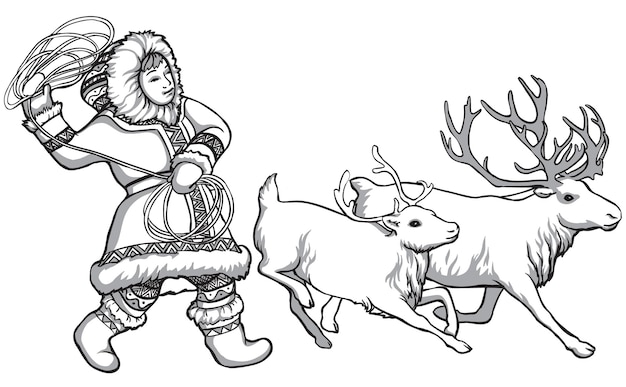 Caribou deer and indigenous peoples of northern Russia. Vintage black and white drawing. Vector illustration. Nature and man.