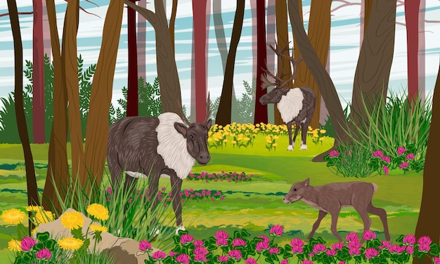 Caribou family in a summer forest with green trees and blooming flowers